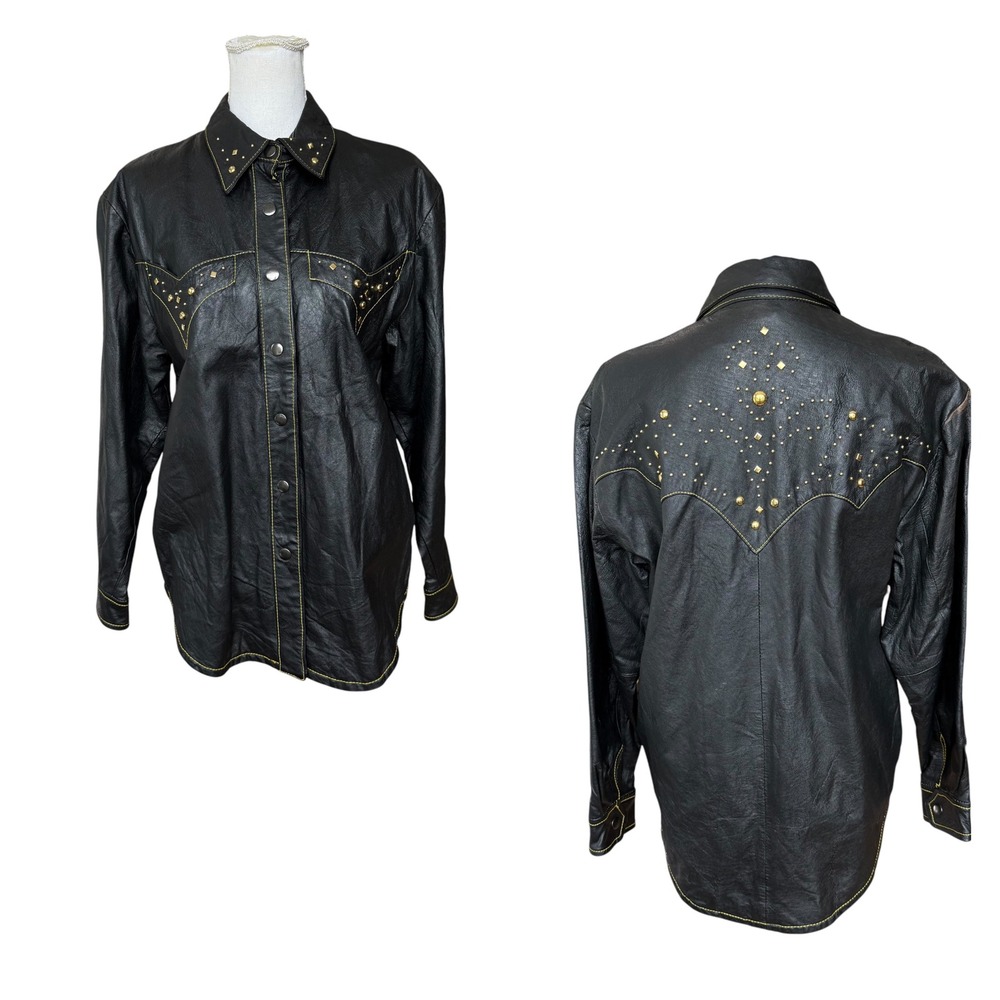 Atlantic‎ Beach Vintage Black Leather Western Studded Shirt Jacket Womens Medium